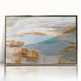 Framed acrylic wall art featuring a serene hot spring landscape design with gold accents, ideal for modern home decor. Perfect for enhancing living spaces with natural beauty.