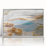 Framed acrylic wall art showcasing a vibrant hot spring landscape design, featuring a serene color palette of blues and greens, perfect for modern home decor.