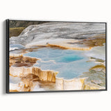 Framed canvas wall art showcasing a serene hot spring landscape design with vibrant colors, set against a sleek black frame, ideal for enhancing home decor.