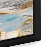 Framed canvas wall art showcasing a vibrant hot spring landscape design with rich colors and intricate details, perfect for home decor enhancement.