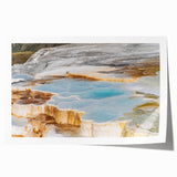 Vibrant rolled print depicting a serene hot spring landscape with lush greenery and soft steam rising, ideal for enhancing home decor with nature-inspired art.