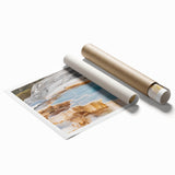 Vibrant landscape wall art print showcasing a serene hot spring scene, featuring lush greenery and tranquil water, rolled for easy display and shipping.