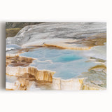 Stretched canvas wall art showcasing a vibrant hot spring landscape design with warm colors, perfect for home decor and relaxation-themed spaces.