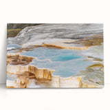 Stretched canvas artwork showcasing a serene hot spring landscape design, featuring vibrant colors and natural elements, perfect for home decor.