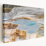 Stretched canvas artwork depicting a serene hot spring landscape design, showcasing vibrant colors and natural textures, ideal for home decor and relaxation themes.