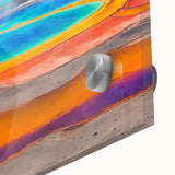Close-up view of an acrylic glass wall art piece showcasing a vibrant hot spring landscape design, featuring vivid colors and intricate details, perfect for home decor.
