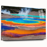 Acrylic wall art showcasing a vibrant hot spring landscape design, featuring a side view with mounting pins for easy display. Ideal for enhancing modern interiors.