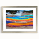 Framed wall art featuring a serene hot spring landscape design, elegantly displayed with a silver frame and mat, ideal for home decor enhancement.