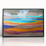 Framed wall art featuring a serene landscapes hot spring design, showcasing vibrant colors and intricate details, perfect for home decor in a modern setting.