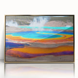 Framed acrylic wall art showcasing a serene hot spring landscape, featuring vibrant colors and gold accents, perfect for home decor and relaxation.