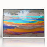Framed wall art of a serene hot spring landscape, showcasing vibrant colors and natural elements, perfect for adding tranquility to home decor.