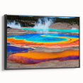 Framed canvas wall art showcasing a serene hot spring landscape design, featuring vibrant colors and intricate details. Black frame enhances the artwork's elegance, perfect for home decor.