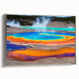 Framed canvas wall art showcasing a serene hot spring landscape design, featuring calming colors and a sleek silver frame, ideal for modern home decor.