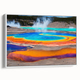 Framed canvas wall art showcasing a serene hot spring landscape design, featuring soothing colors of green and blue, ideal for home decor and relaxation themes.