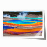 Vibrant rolled print of a serene hot spring landscape, showcasing lush greenery and a clear blue sky, ideal for home decor in natural-themed spaces.