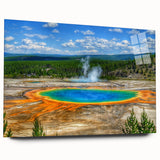 Acrylic wall art featuring a serene hot spring landscape design, showcasing vibrant colors and intricate details, presented in a side view without pins. Perfect for enhancing modern home decor.