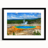 Framed wall art featuring a serene hot spring landscape design, presented in a sleek black frame with a mat, ideal for home decor and relaxation themes.
