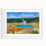 Framed landscape wall art design showcasing a serene hot spring scene, featuring a white mat and elegant frame, perfect for enhancing home decor with a calming aesthetic.