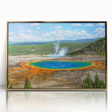 Framed wall art featuring a serene hot spring landscape design with golden accents, showcasing vibrant colors and intricate details, perfect for home decor.