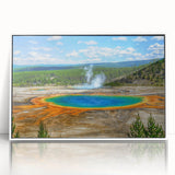 Framed acrylic wall art showcasing a serene hot spring landscape, with vibrant colors and intricate details, perfect for home decor. Ideal for nature enthusiasts.