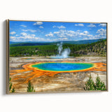 Framed canvas wall art featuring a serene hot spring landscape design, accented with gold, showcasing lush greenery and tranquil water reflections, ideal for home decor.