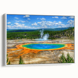Framed canvas wall art showcasing a serene hot spring landscape design with vibrant colors, elegantly displayed from a side view, perfect for home decor.