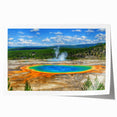Rolled print of a serene hot spring landscape wall art design showcasing vibrant greens and blues, perfect for home decor, elegantly packaged for delivery.