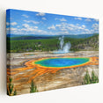 Stretched canvas artwork showcasing a serene hot spring landscape design with vibrant colors and lush greenery, ideal for enhancing home decor and creating a tranquil atmosphere.