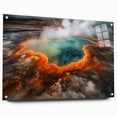 Acrylic glass wall art collection showcasing a serene hot spring landscape design, featuring vibrant colors and intricate details, mounted with pins for display.