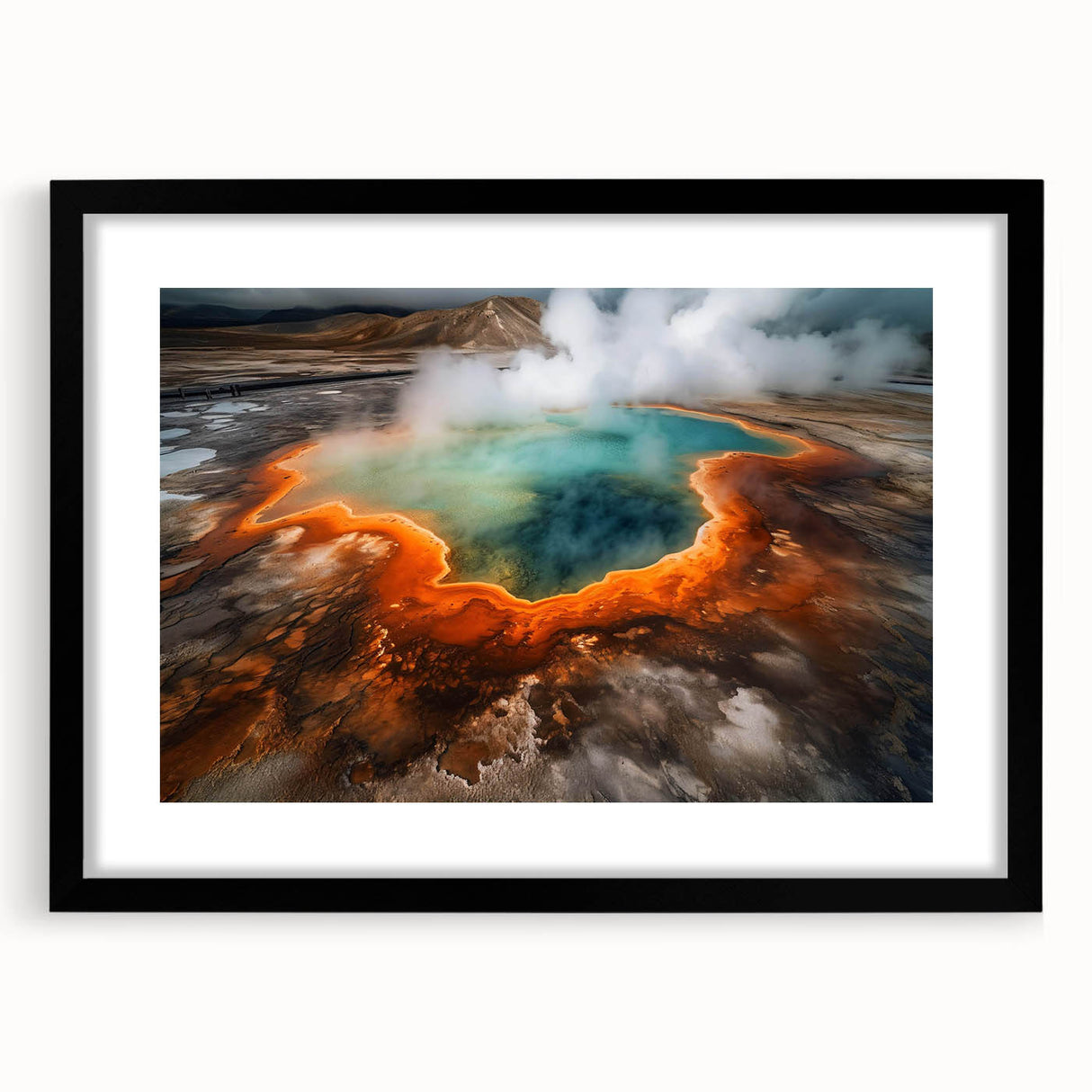 Framed wall art showcasing a serene hot spring landscape design, featuring a black mat and sleek black frame, ideal for enhancing modern home decor.