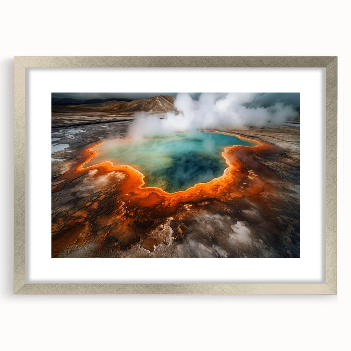 Framed wall art featuring a serene hot spring landscape design, elegantly presented with a silver mat and frame, ideal for adding tranquility to any space.