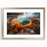 Framed wall art featuring a serene hot spring landscape design, elegantly presented with a silver mat and frame, ideal for adding tranquility to any space.