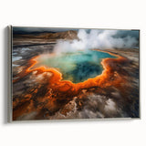 Framed canvas wall art showcasing a serene hot spring landscape design, featuring vibrant colors and intricate details, with a sleek silver frame enhancing the overall aesthetic. Ideal for home decor and relaxation themes.