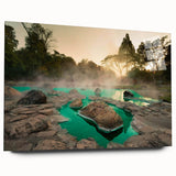 Acrylic glass wall art collection showcasing a serene hot spring landscape design in vibrant colors, side view displaying its sleek finish without pins, ideal for modern decor.