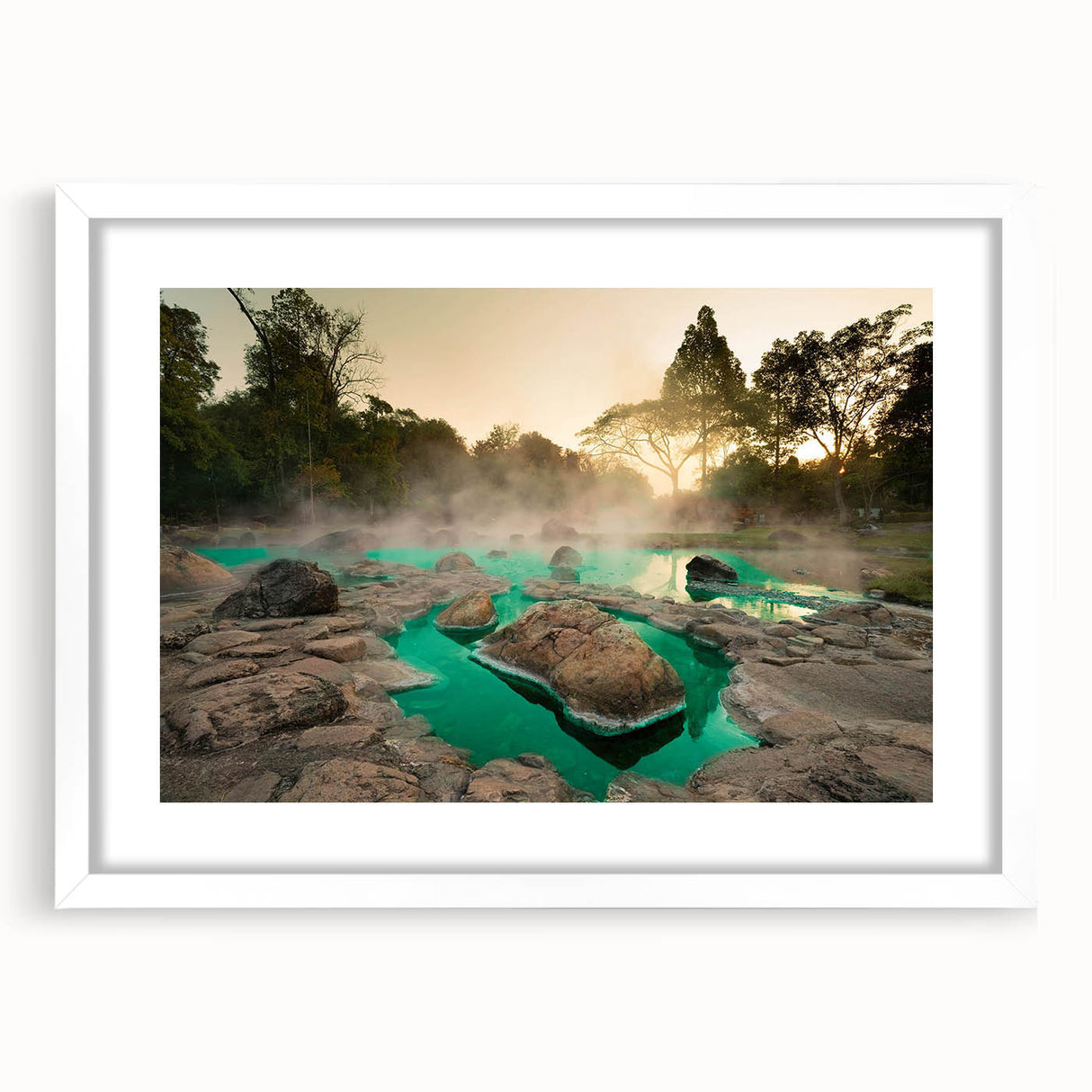 Framed wall art featuring a serene hot spring landscape design, highlighted by a white mat and sleek frame, perfect for enhancing interior decor with a calming nature theme.