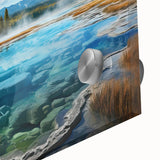 Close-up of an acrylic glass wall art piece showcasing a vibrant hot spring landscape, featuring rich colors and intricate details that evoke a serene, natural atmosphere. Perfect for adding a calming aesthetic to home decor.