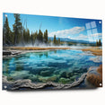 Acrylic glass wall art collection featuring a vibrant hot spring landscape design, showcasing rich colors and intricate details, elegantly displayed with pins for a modern aesthetic. Perfect for enhancing home decor with nature-inspired imagery.