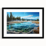 Framed wall art collection showcasing serene hot spring landscapes, featuring a sleek black frame and mat, ideal for enhancing modern home decor.