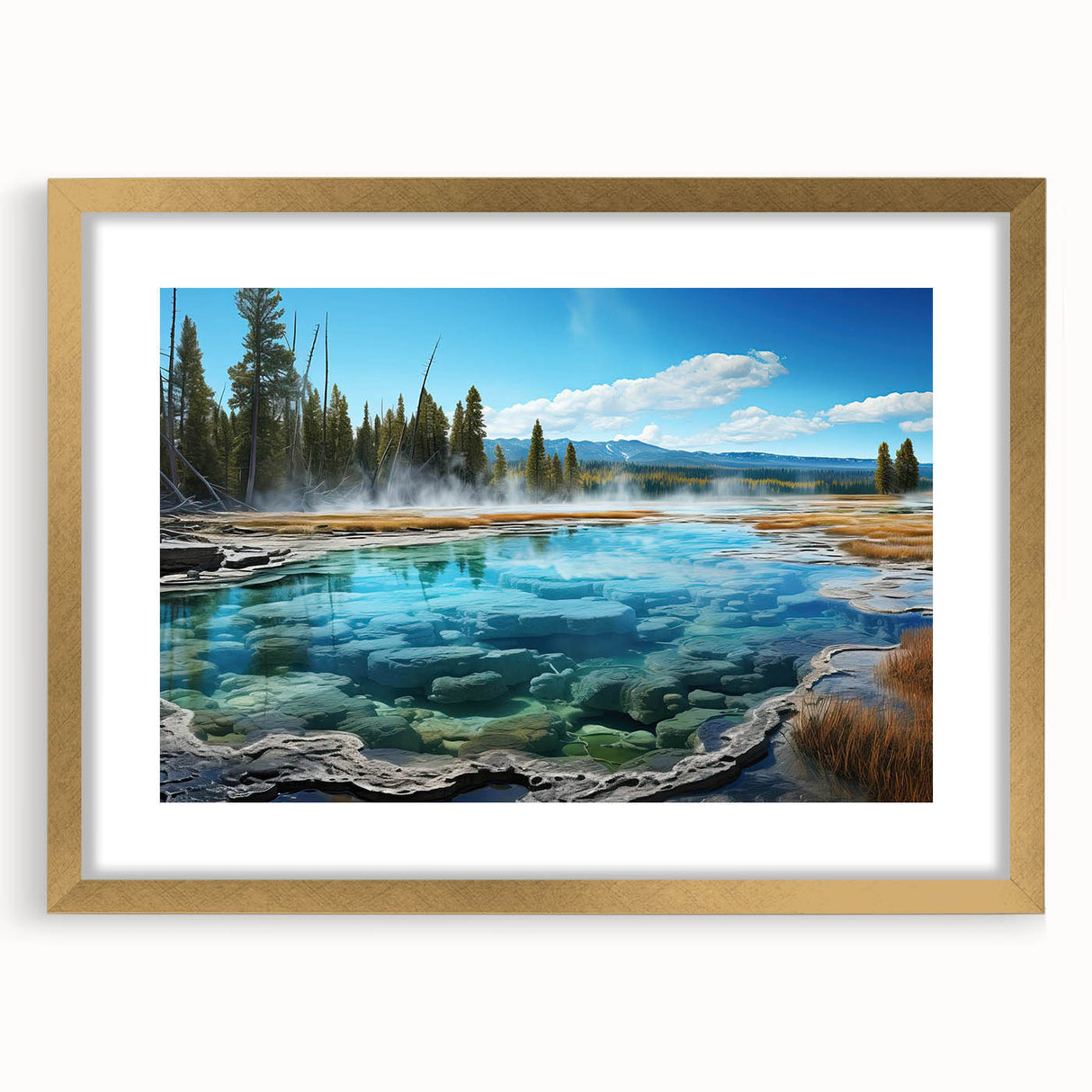 Framed wall art collection featuring a serene hot spring landscape design in gold with a mat, perfect for enhancing home decor and creating a calming atmosphere.