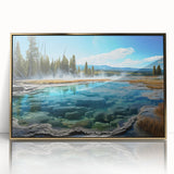 Framed wall art collection depicting serene hot spring landscapes, featuring vibrant colors and intricate details, set in a sleek acrylic frame with a gold finish. Ideal for enhancing home decor with a calming nature theme.
