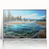Framed acrylic wall art showcasing a serene hot spring landscape design, featuring calming hues of blue and green, perfect for enhancing home decor.
