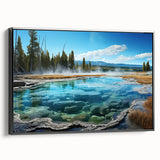 Framed canvas wall art showcasing a serene hot spring landscape design, featuring vibrant colors and intricate details, presented from a stylish black side view.