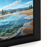 Close-up of a framed canvas wall art collection showcasing vibrant landscapes and hot springs, emphasizing rich colors and intricate details, perfect for home decor.