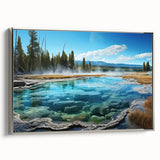 Framed canvas wall art showcasing a serene hot spring landscape design in silver frame, ideal for enhancing home decor with a tranquil aesthetic.