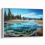 Framed canvas wall art showcasing a serene hot spring landscape design with vibrant colors, perfect for home decor enhancement, displayed from a side view.