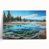 Stretched canvas wall art showcasing a vibrant hot spring landscape with lush greenery and serene water reflections, ideal for home decor or relaxation spaces.