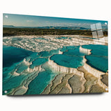 Acrylic wall art display featuring a serene hot spring landscape design, showcasing vibrant colors and intricate details, framed elegantly with pins for a modern touch.