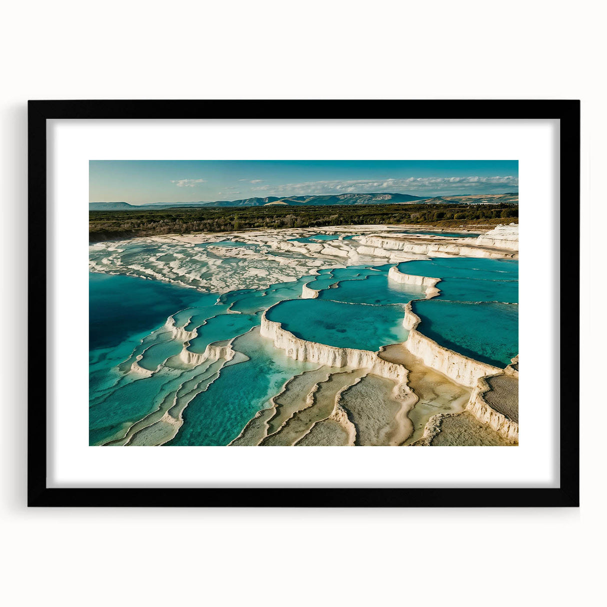 Framed wall art featuring a serene hot spring landscape design, showcasing vibrant colors and intricate details, set in a sleek black frame with a white mat. Perfect for home decor.