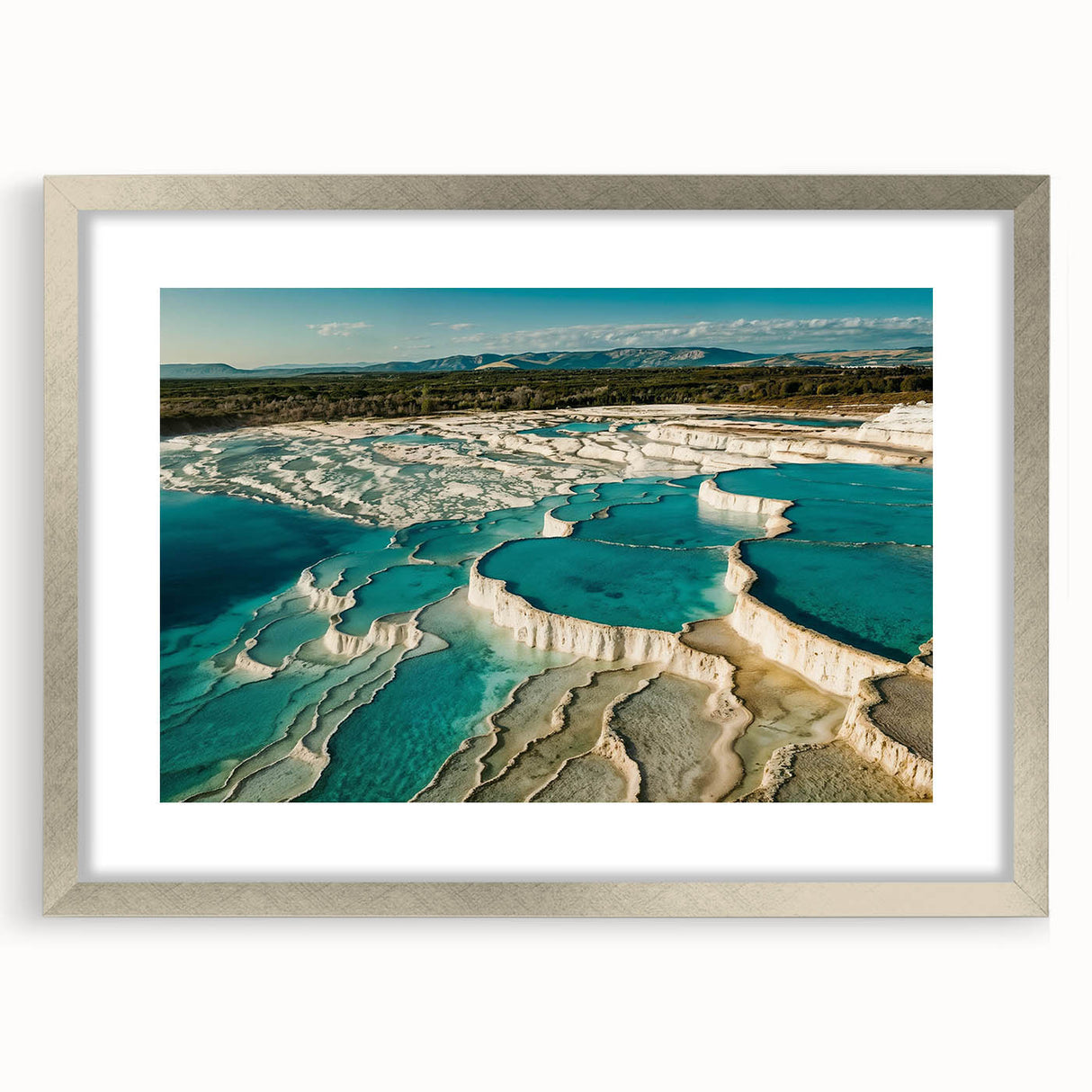 Framed wall art collection featuring a serene hot spring landscape design, set in a sleek silver frame with a mat, perfect for home decor enhancement.