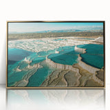 Framed wall art featuring a serene hot spring landscape with vibrant colors, gold accents, and a modern design, perfect for enhancing contemporary interiors.